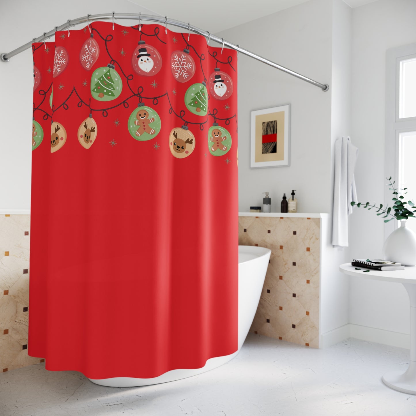 Festive Holiday Shower Curtains, Christmas Decor, Bathroom Accessories, Holiday Gift, Red Shower Curtain with Ornaments