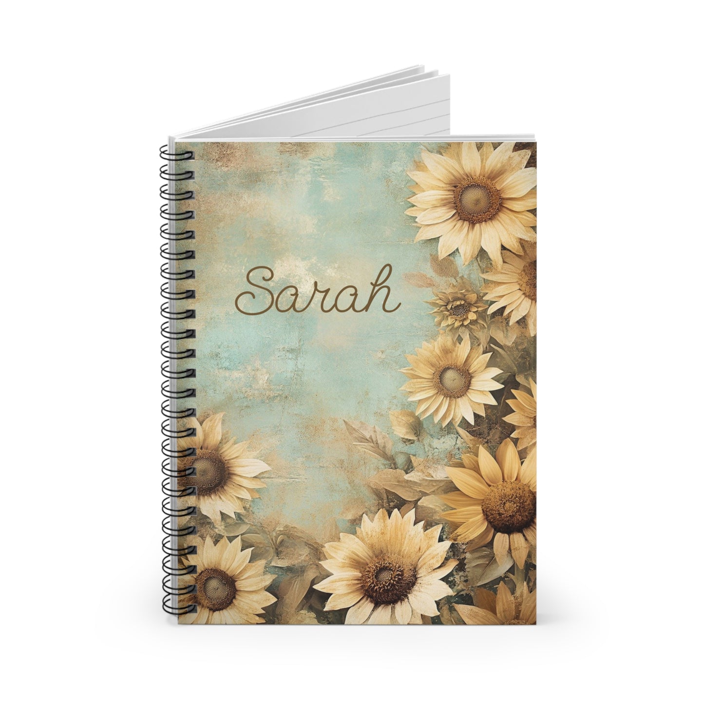 Personalized Floral Spiral Notebook - Sarah, Journal, Gift, Stationery, School, Writing, Notebook with Sunflowers