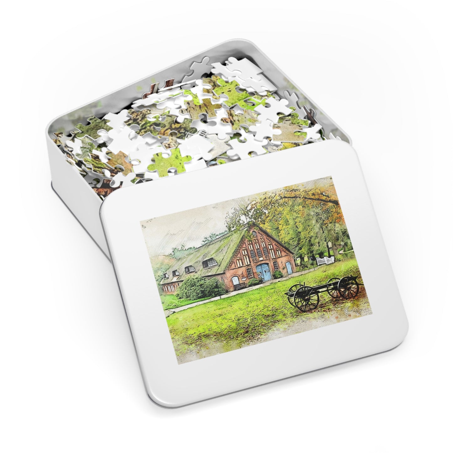 Rustic Scene Jigsaw Puzzle, Cozy Family Game, Art Puzzle with Tin, Nature Lover Gift, Home Décor Puzzle