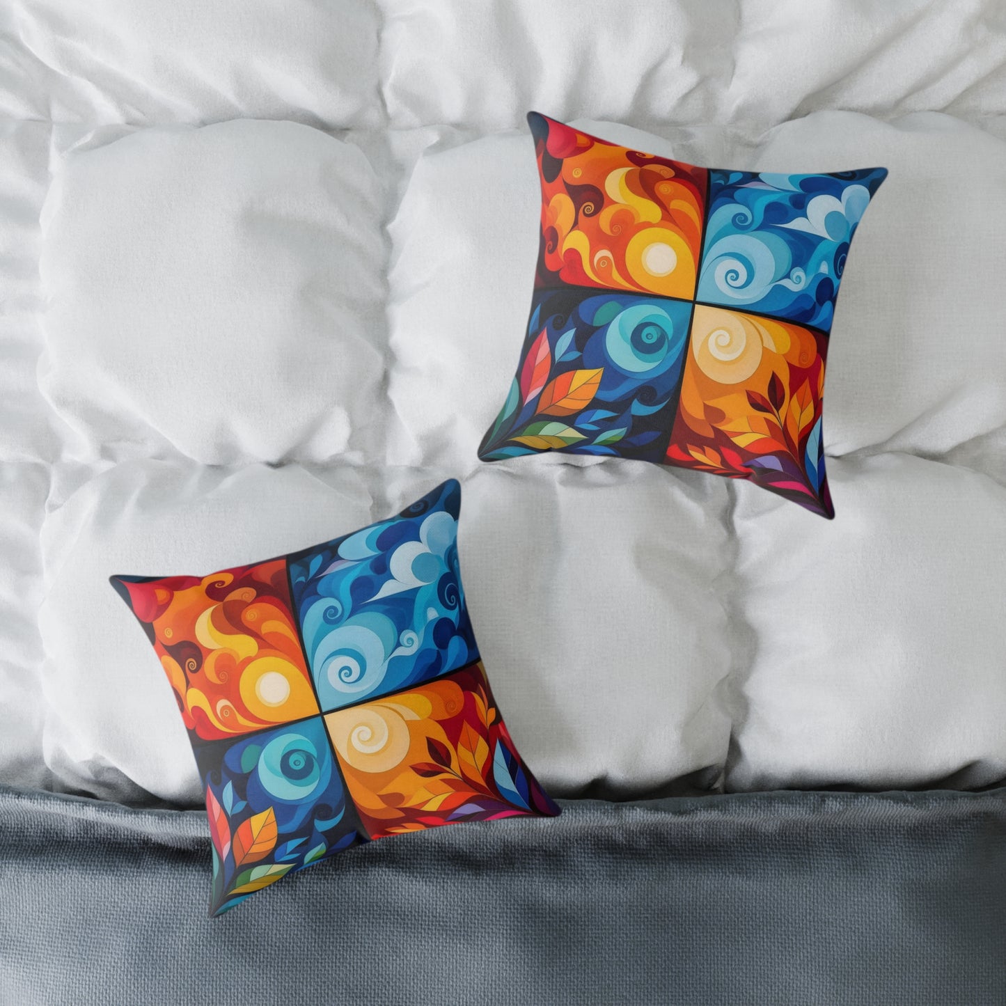 Abstract Seasons Square Pillow — Colorful Four-Panel Decorative Throw Pillow