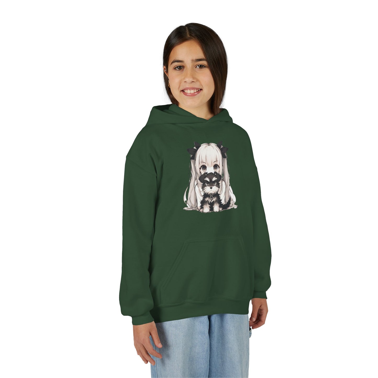Cute Anime Girl & Puppy Youth Hoodie — Kawaii Kids Pullover for Anime Fans