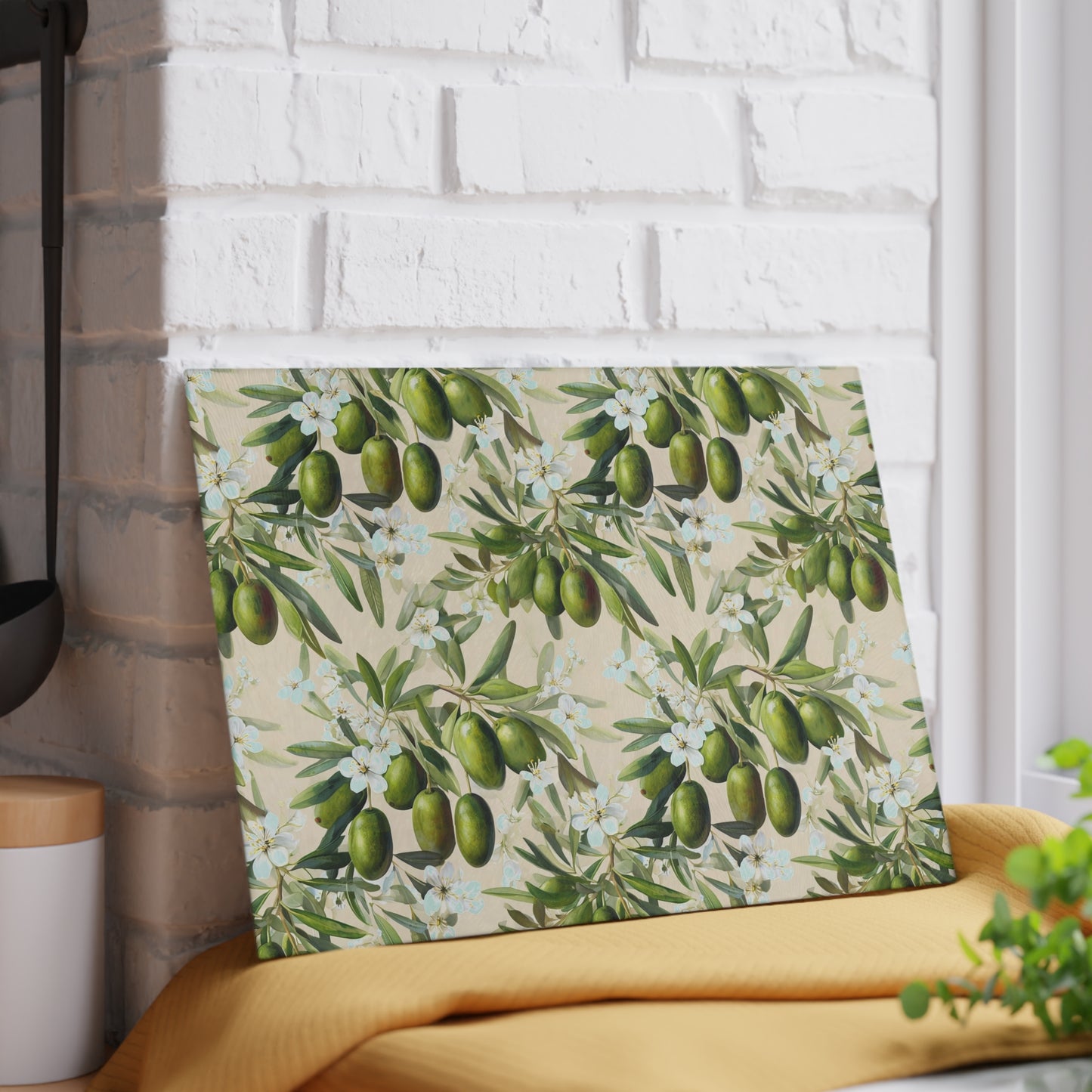Olive Branch Glass Cutting Board — Mediterranean Kitchen Decor