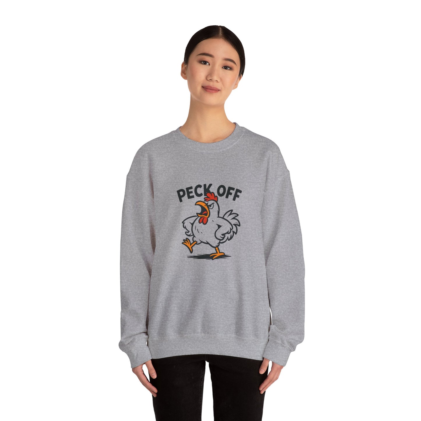 Crewneck Sweatshirt — 'Peck Off' Funny Angry Chicken Graphic