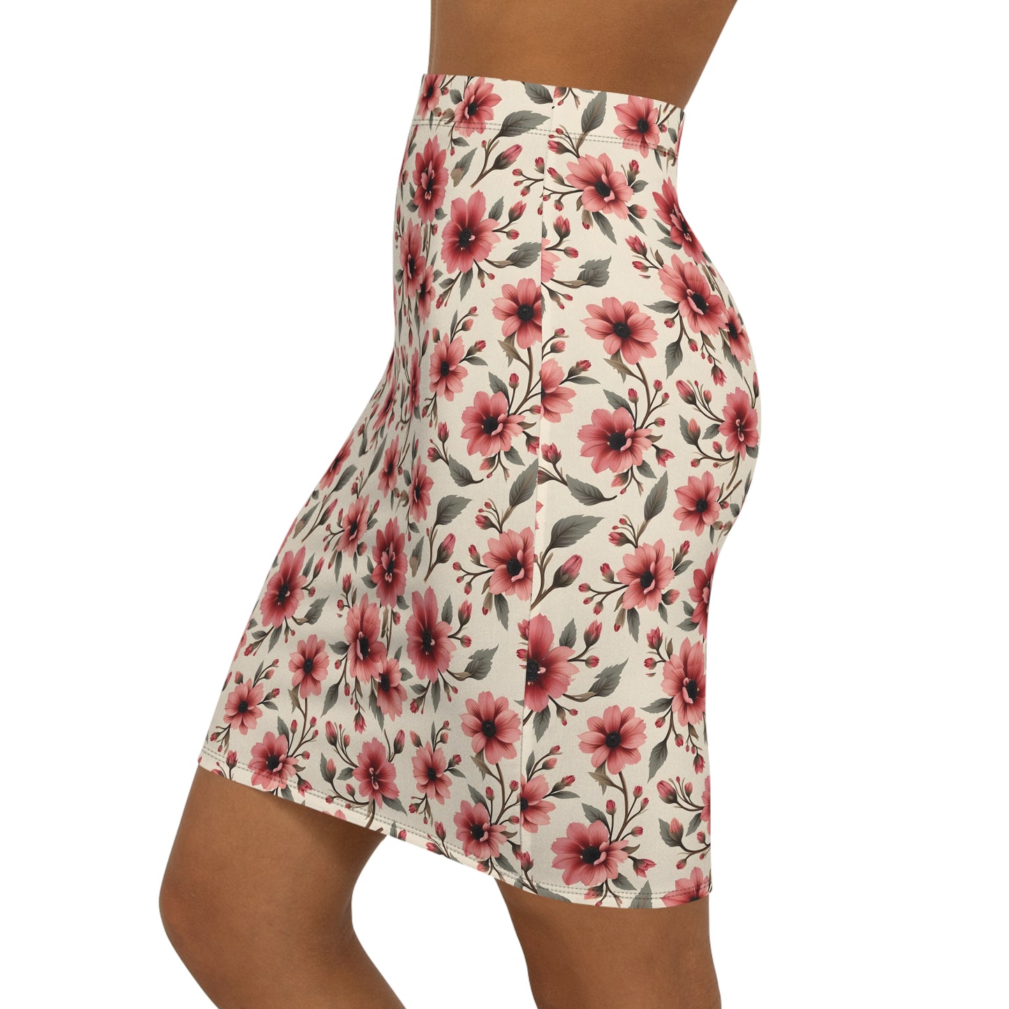 Floral Pink Watercolor Pencil Skirt — Mid‑Waist Summer Floral Print