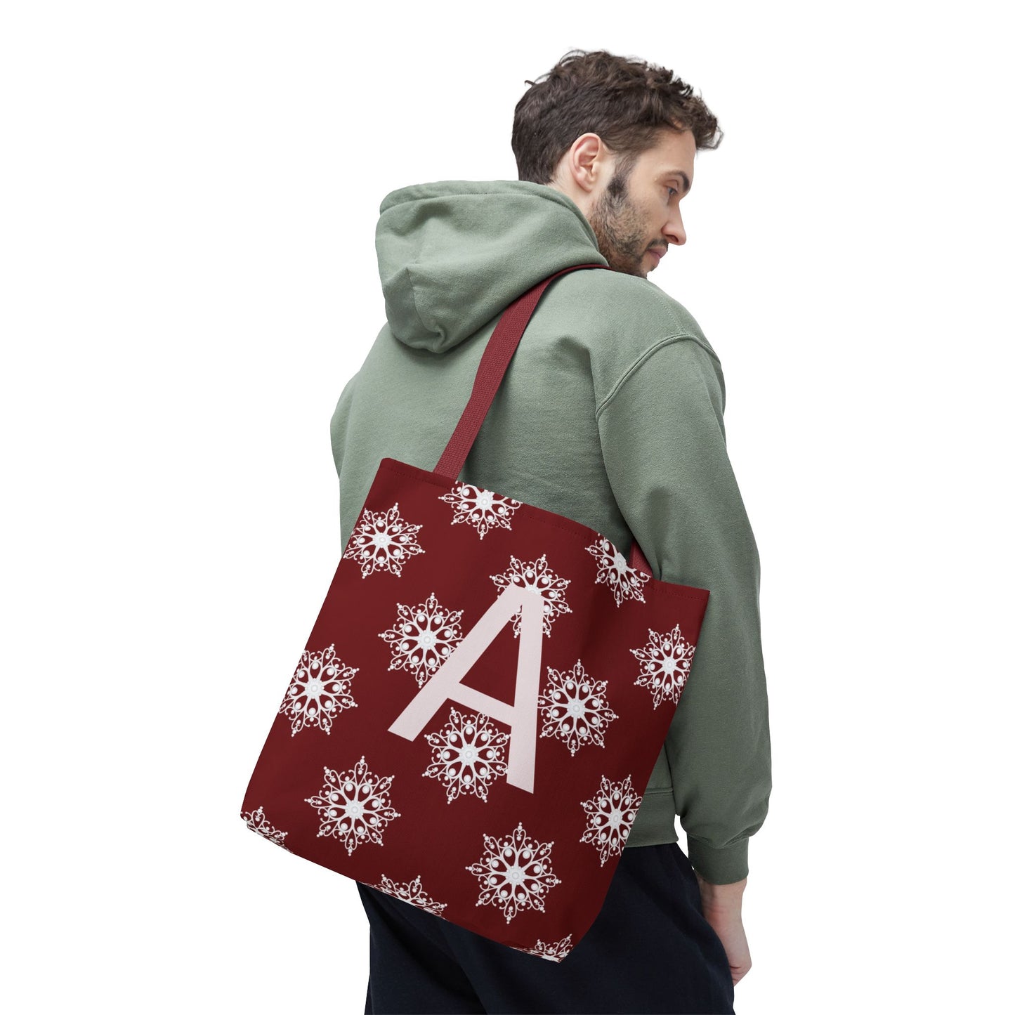 Monogram A Snowflake Tote Bag — Personalized Holiday AOP Tote