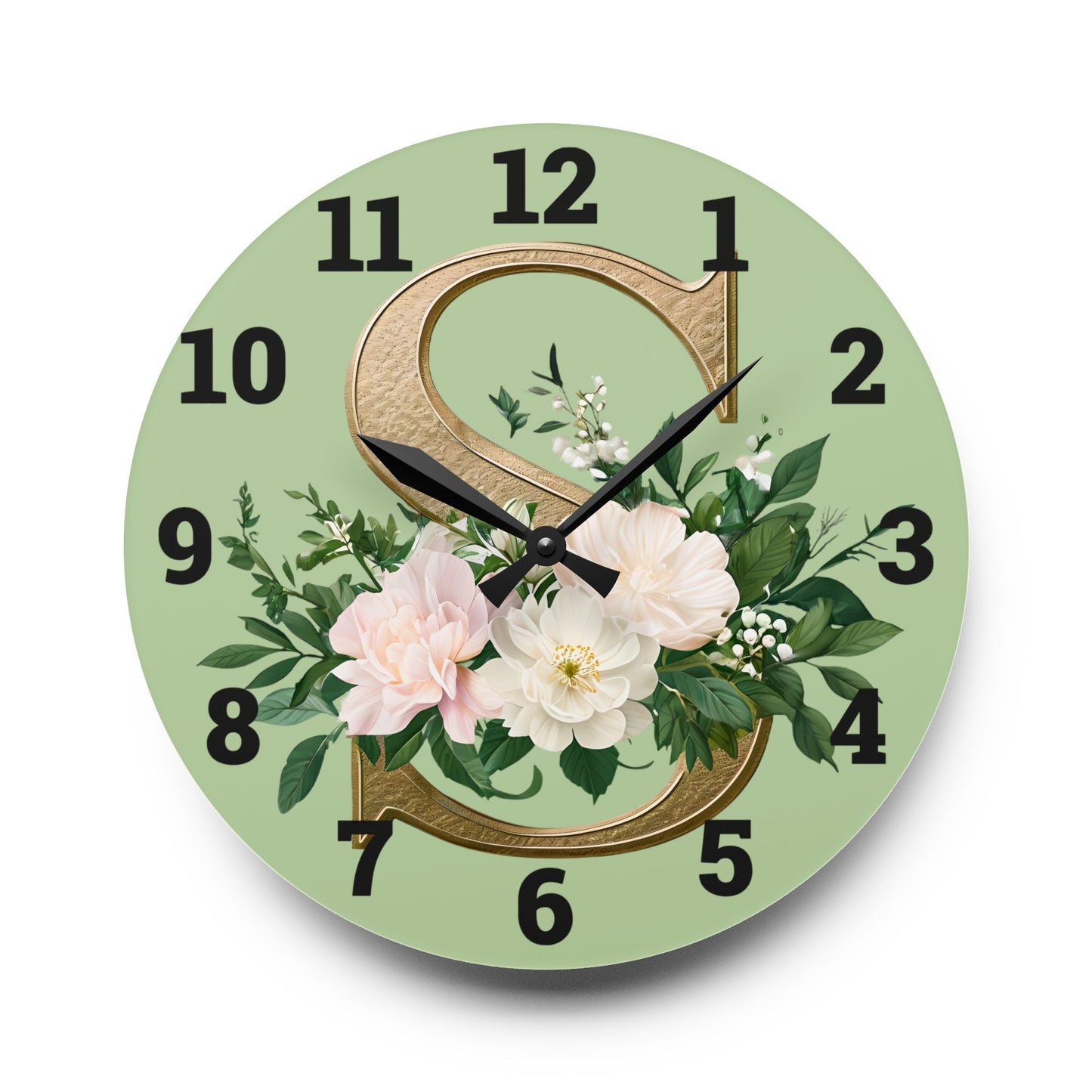 Floral Initial Acrylic Wall Clock, Elegant Home Décor