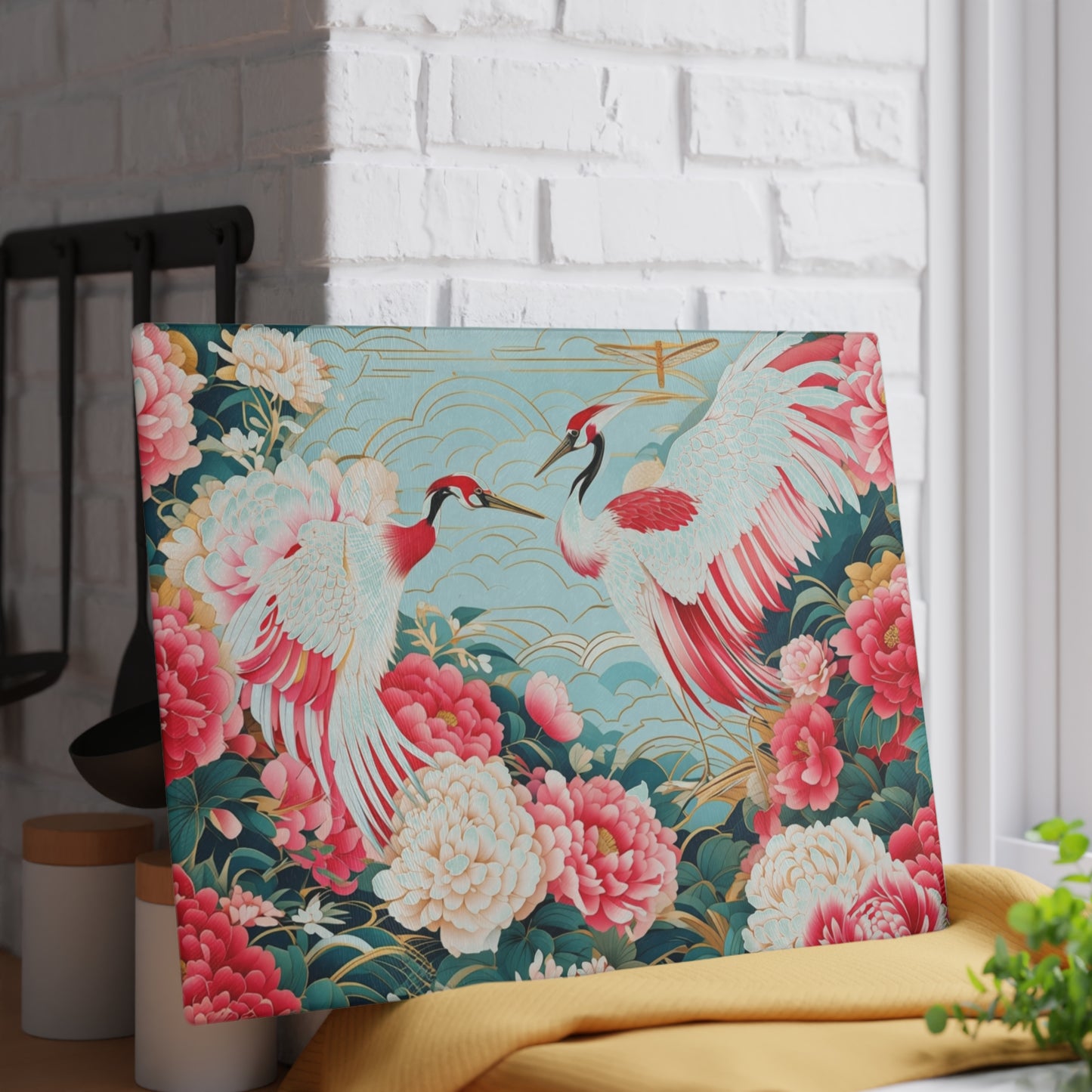 Glass Cutting Board — Elegant Cranes & Peonies Floral Kitchen Trivet