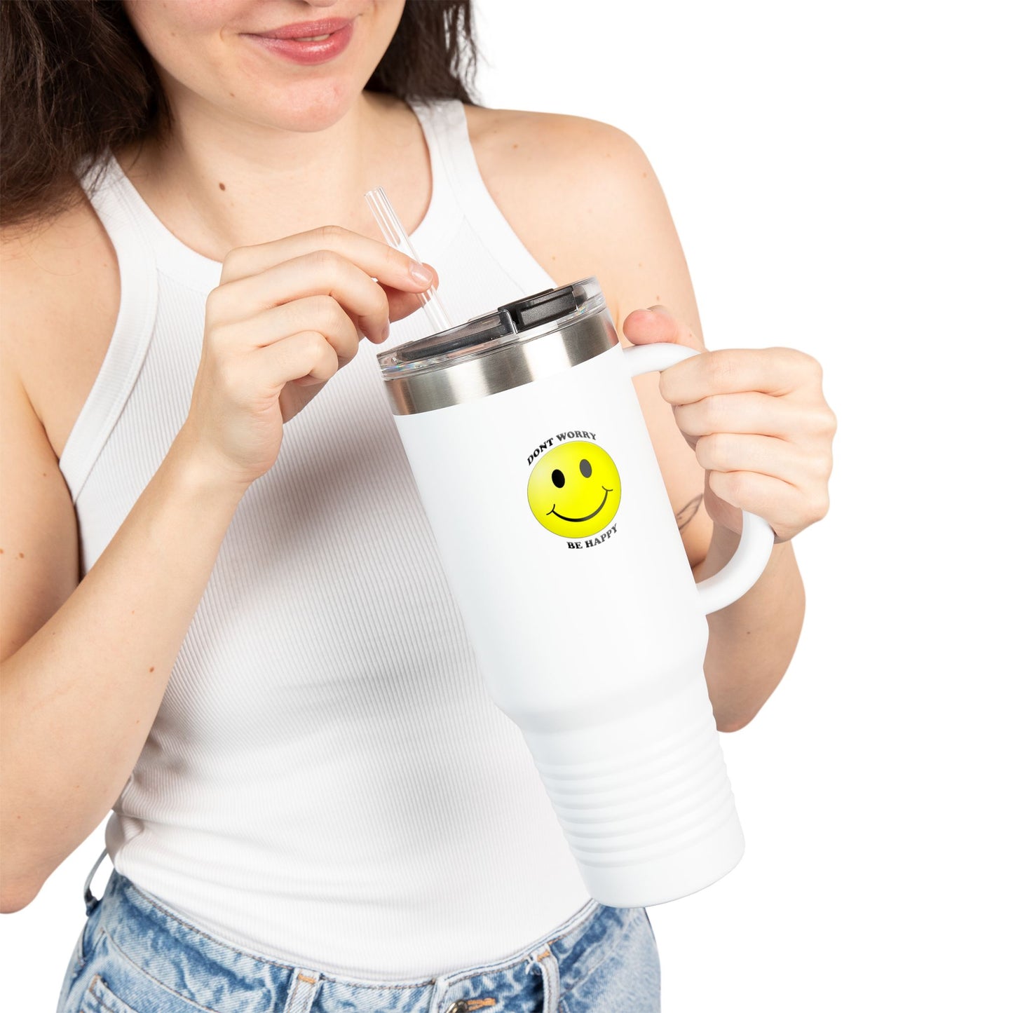 Happy Face Insulated Travel Mug | 40oz, Summer Vibes, Gift for Coffee Lovers, Home Office Essential, Brighten Your Day