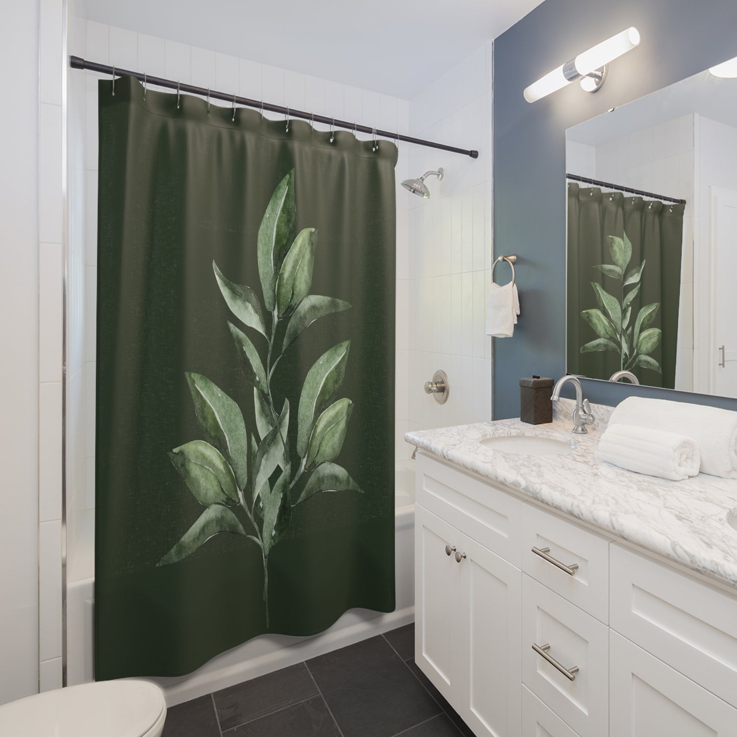 Botanical Greenery Shower Curtain — Watercolor Eucalyptus Leaf Bathroom Decor