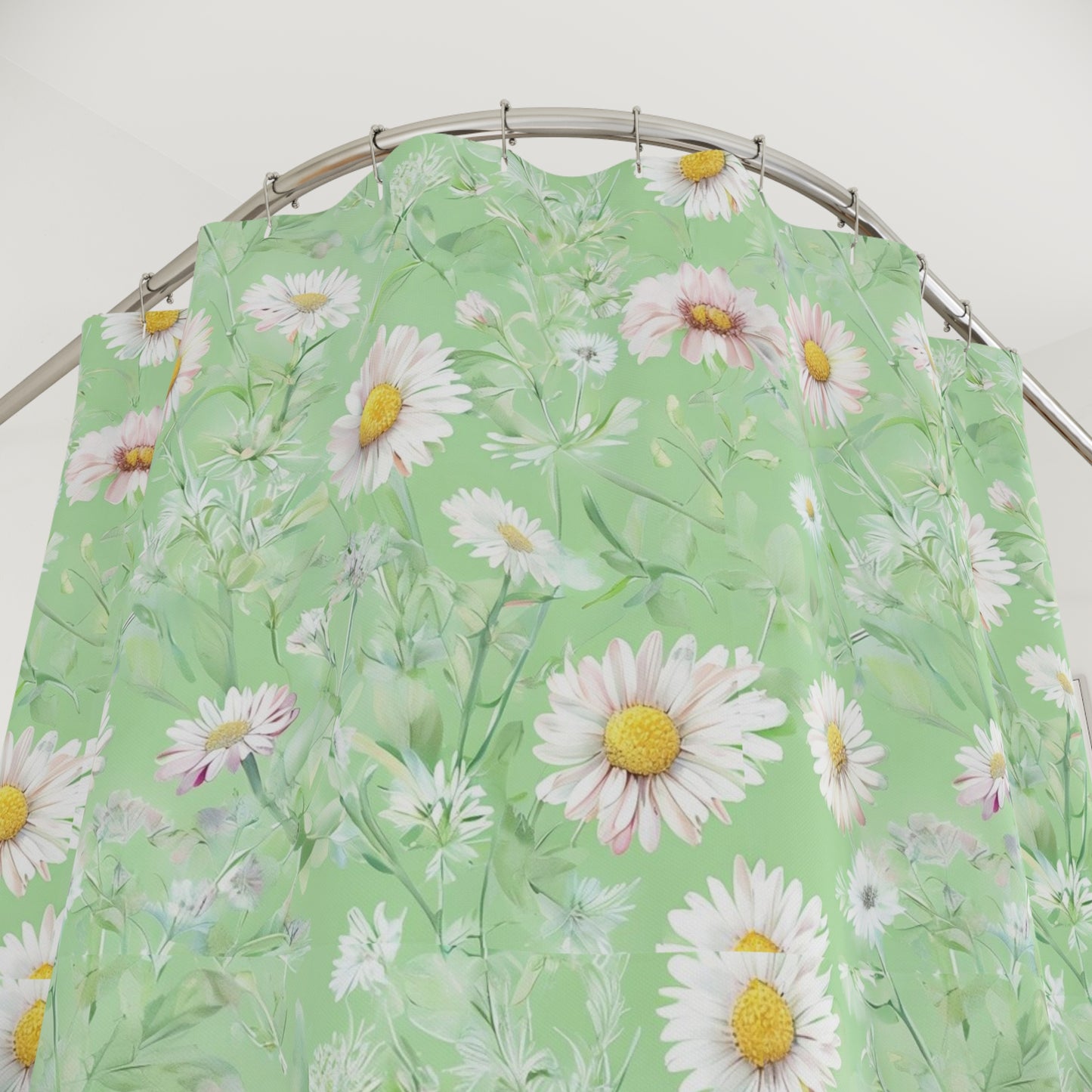 Daisy Meadow Shower Curtain — Pastel Green Floral Bath Curtain
