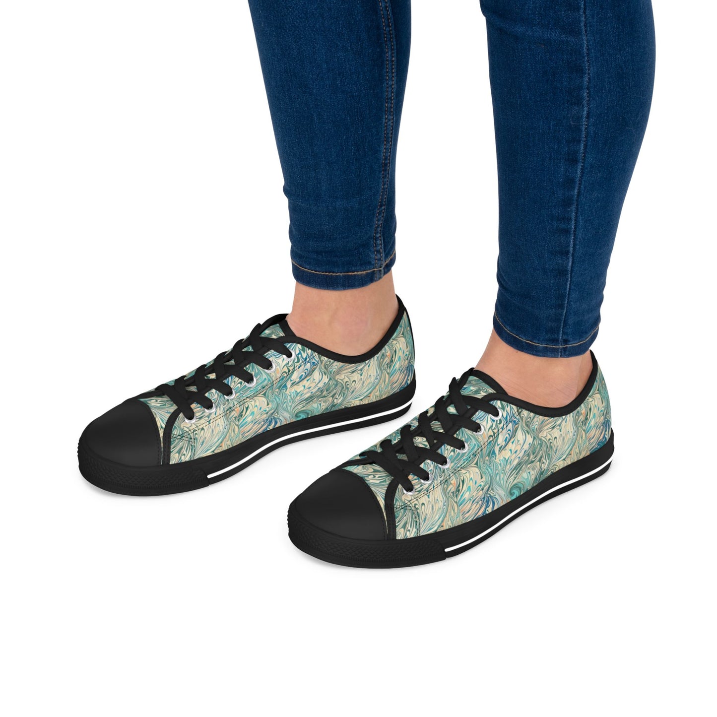 Low Top Sneakers — Teal Swirl Floral Pattern Casual Shoes
