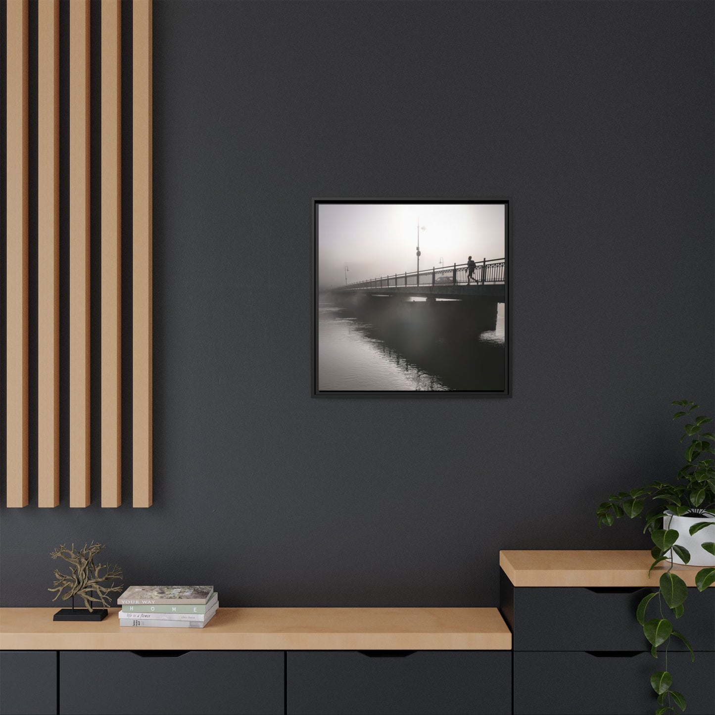 Framed Matte Canvas - Foggy Bridge Black & White Photography