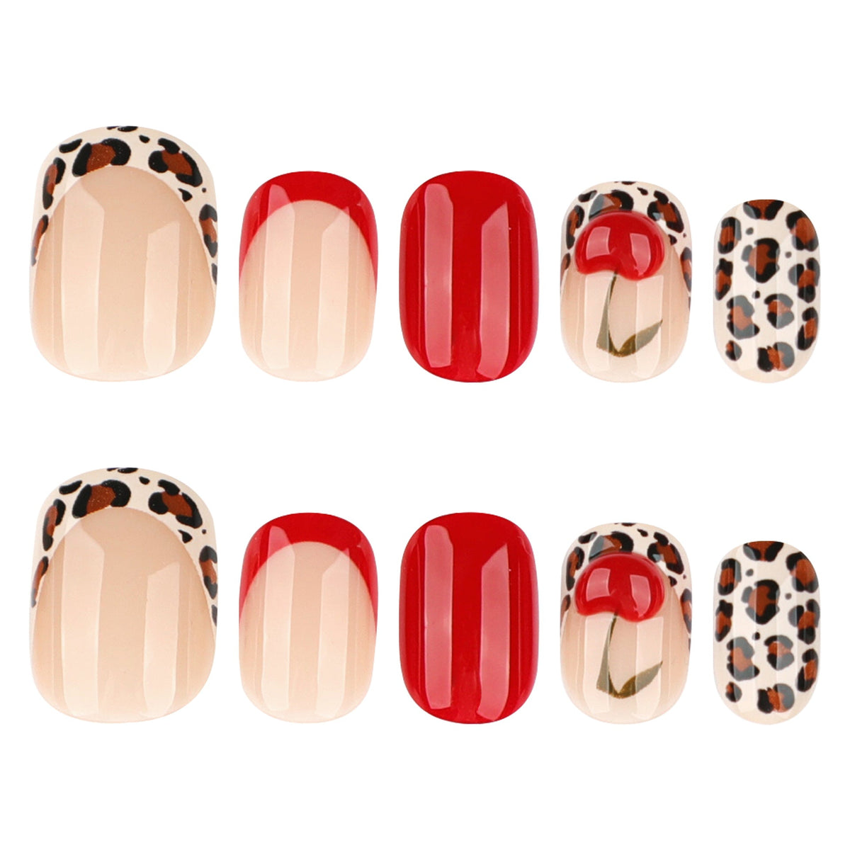 Red Cherry and Leopard Accent Glossy Press-On Nails – Image 5