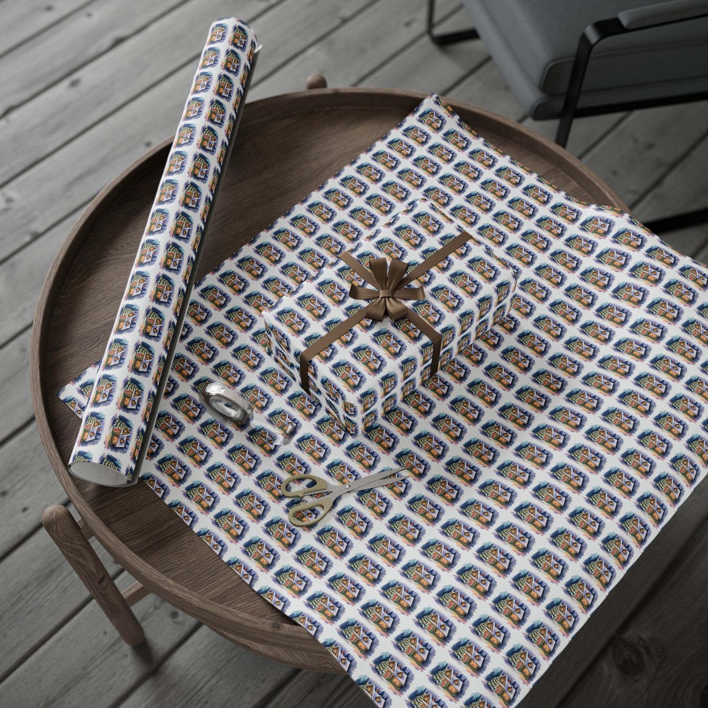 Wrapping Paper — Festive Village House Pattern Gift Wrap (Holiday & Christmas)