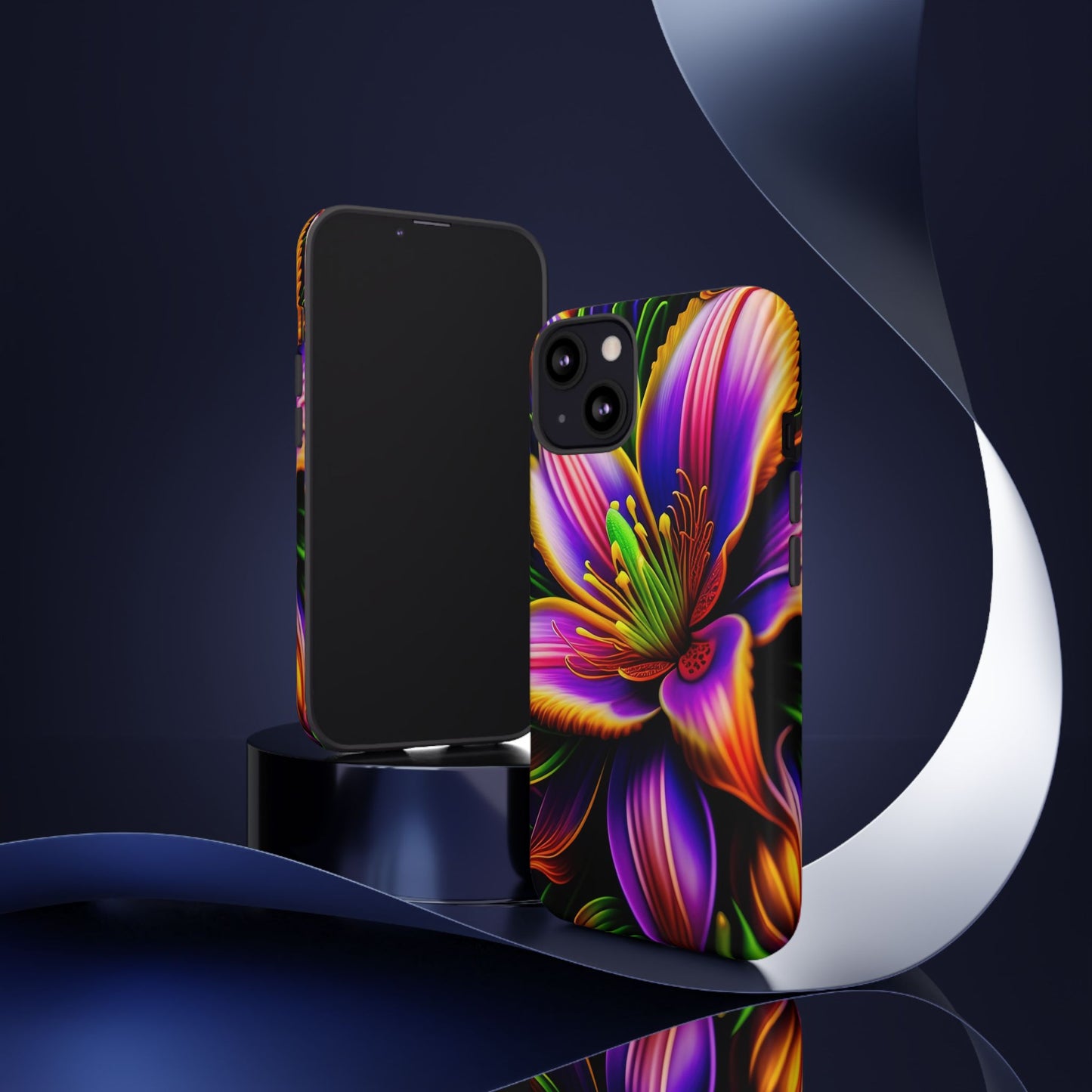 Floral Neon Tough Phone Case — Vivid Purple & Orange Lily Protective Cover
