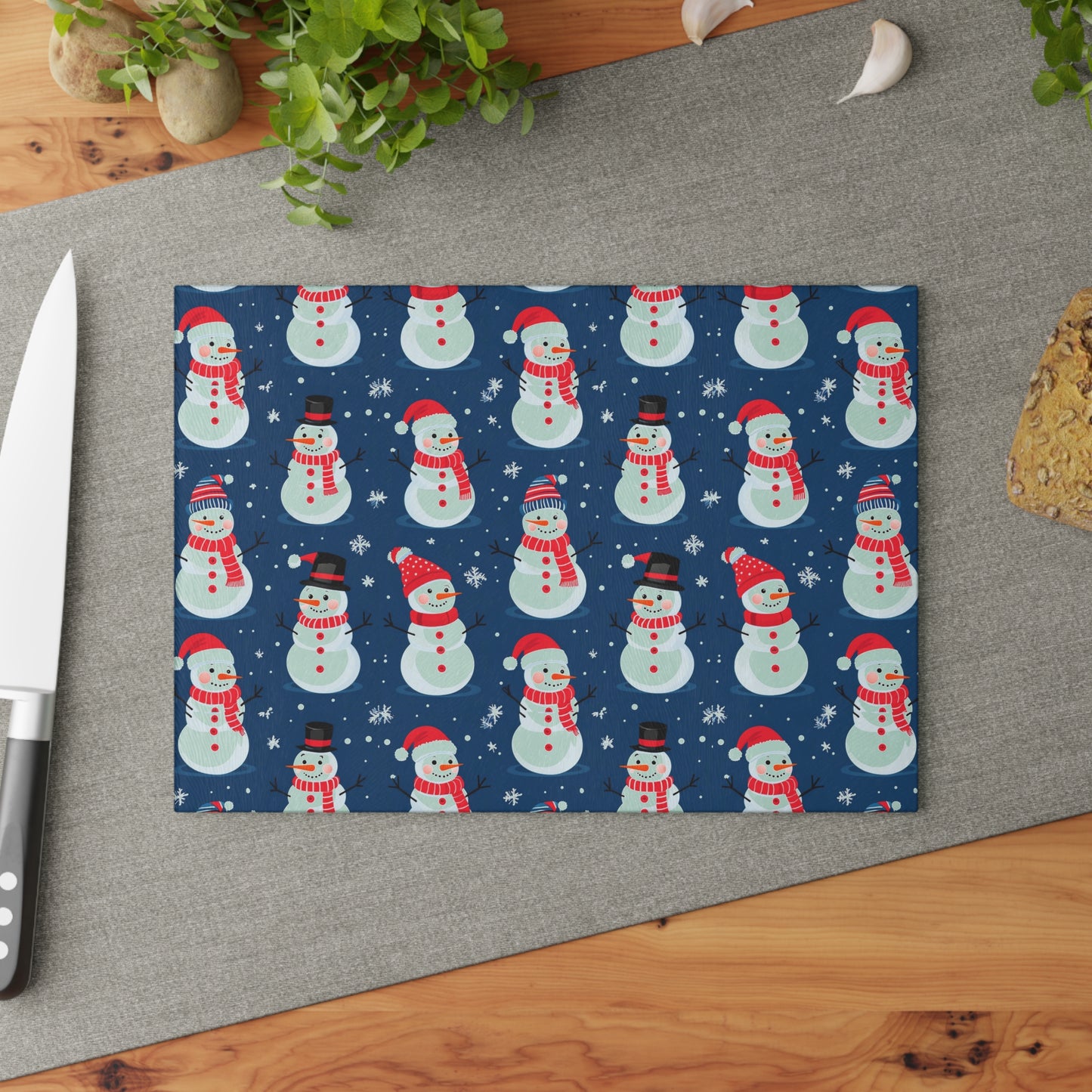 Snowman Pattern Glass Cutting Board — Festive Holiday Kitchen Decor