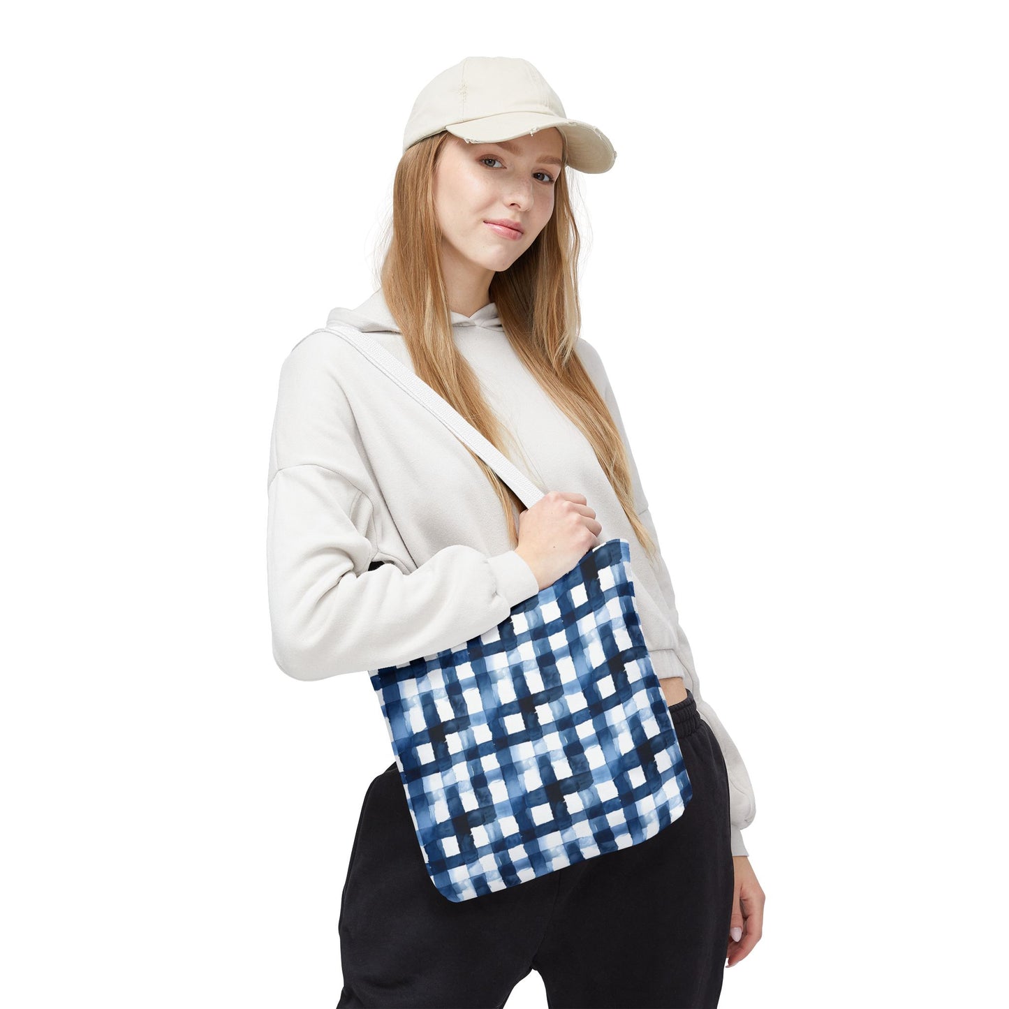 Blue Watercolor Plaid Tote Bag — Navy Check Pattern All-Over Print