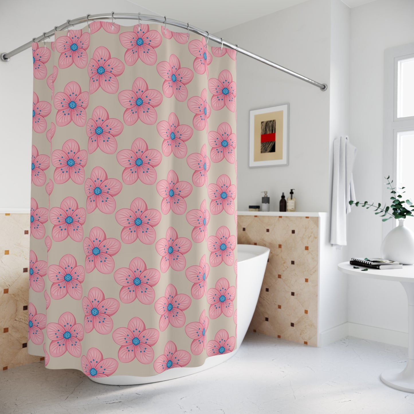 Floral Print Shower Curtain, Bathroom Decor, Spring Theme, Pink Flower Design, Home Accessories, Gift for Her