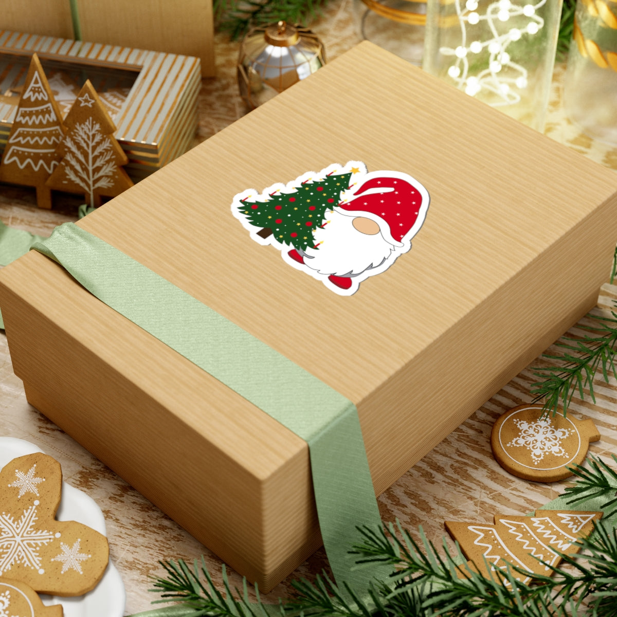 Christmas Gnome Kiss-Cut Sticker – Santa Hat & Decorated Tree Holiday Decal