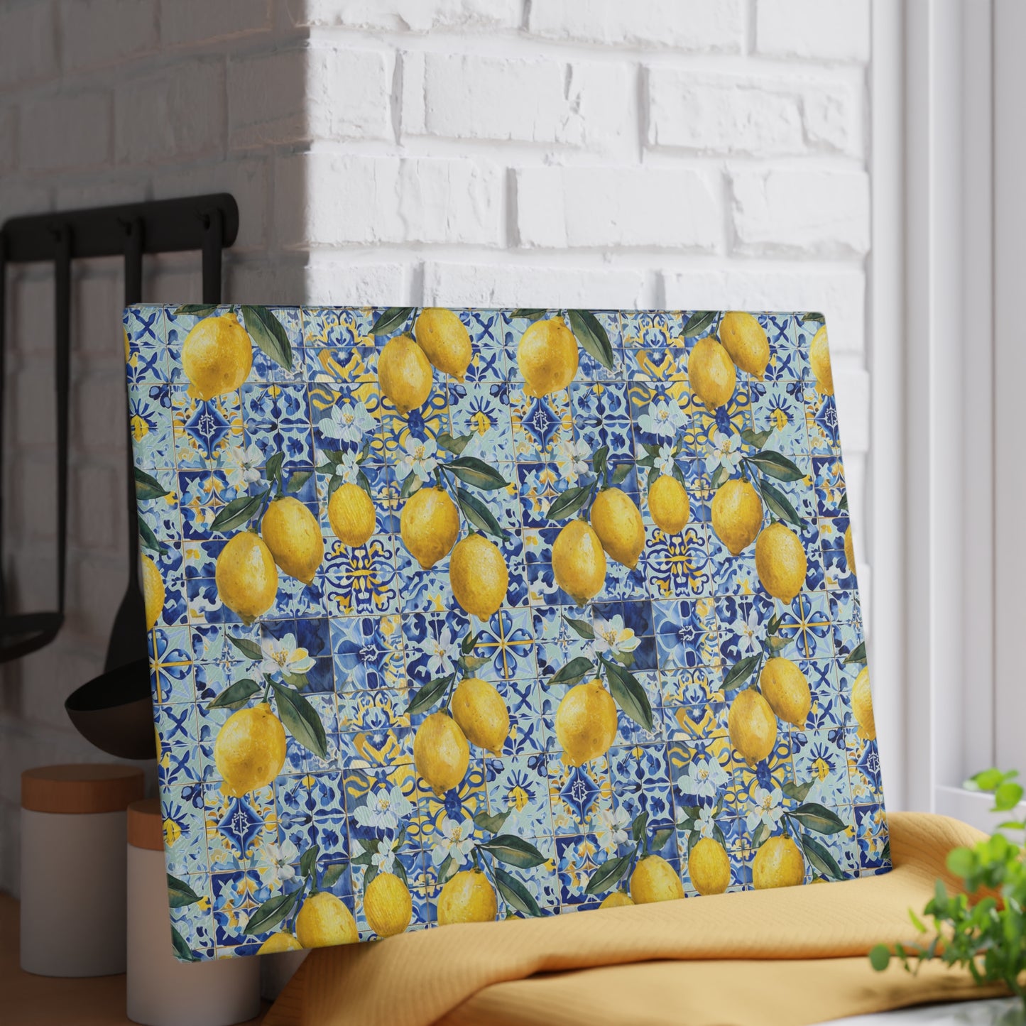 Lemon Tile Glass Cutting Board – Mediterranean Citrus Kitchen Decor