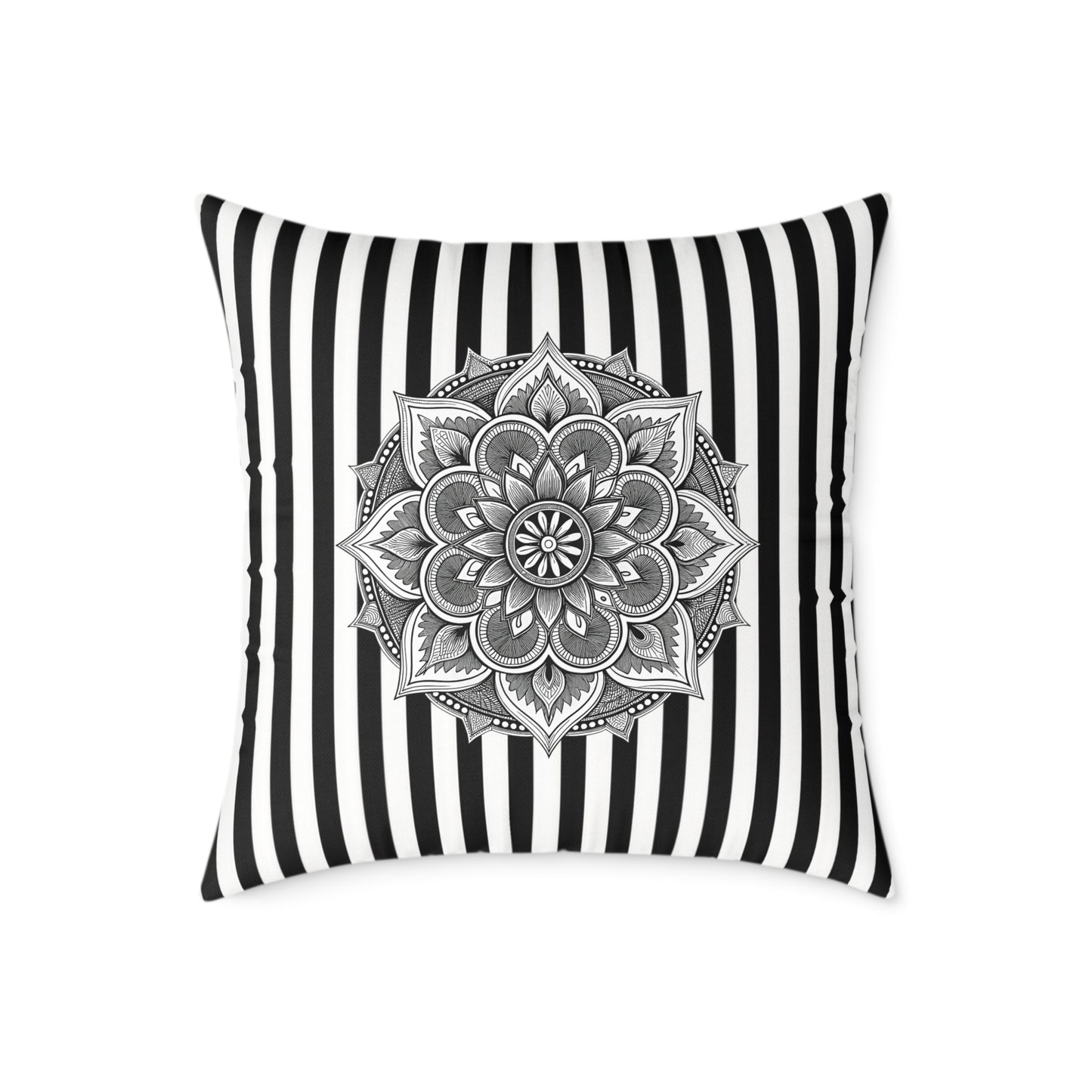 Boho Black & White Striped Mandala Pillow - Square Decorative Throw Cushion