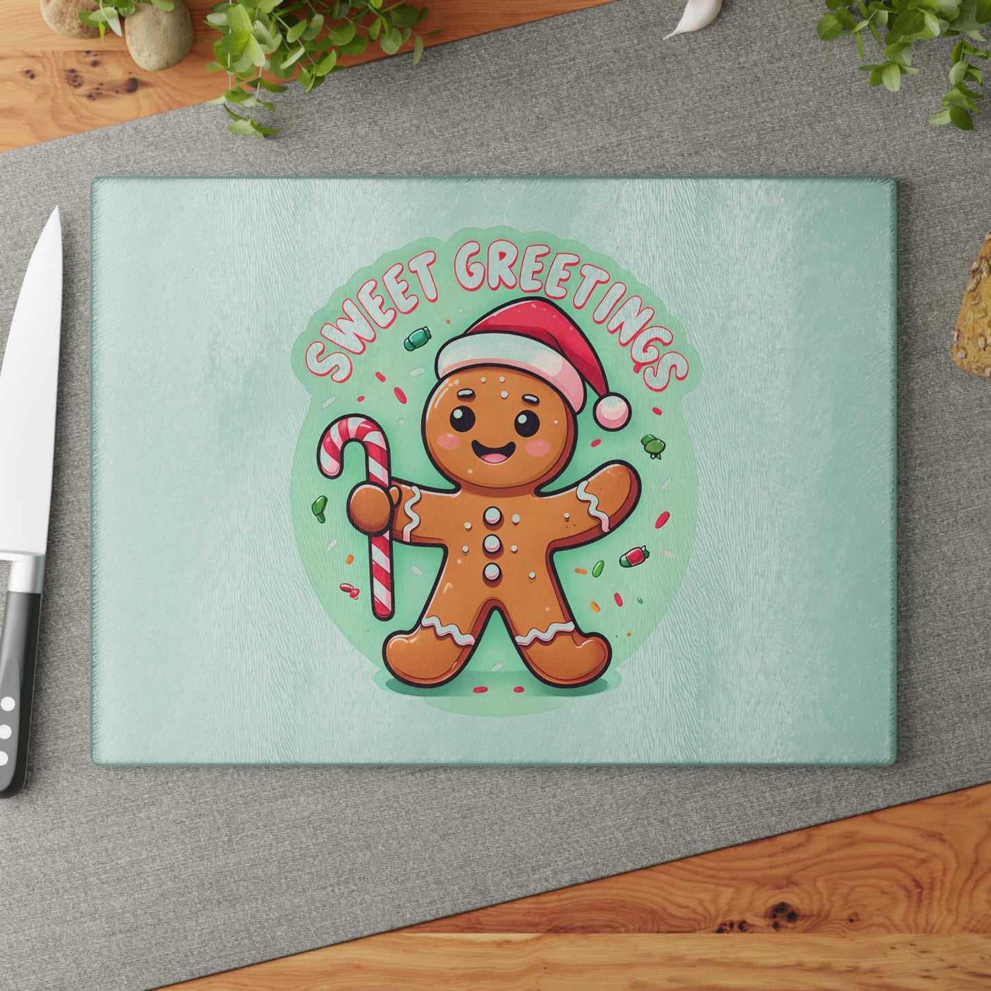 Glass Cutting Board – 'Sweet Greetings' Gingerbread Holiday Kitchen Board