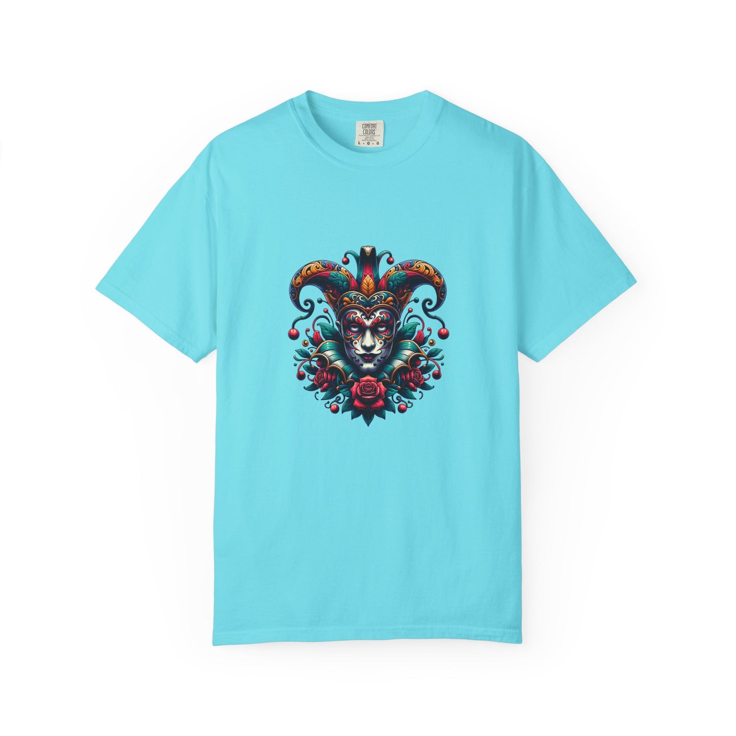 Vibrant Unisex Garment-Dyed T-shirt Featuring Colorful Jester Design, Festival Fashion