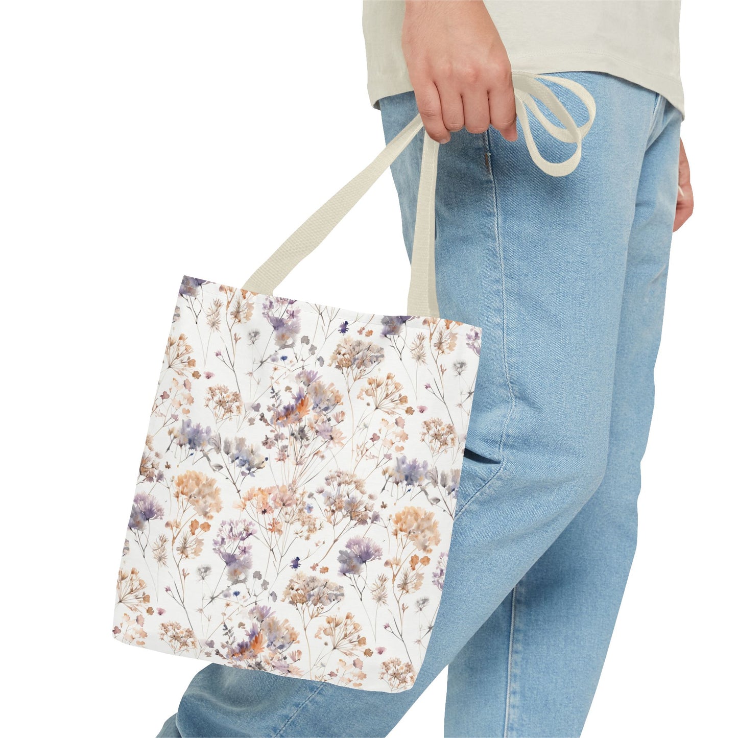 Floral Ditsy Print Tote Bag – Neutral Watercolor Wildflower Market Bag
