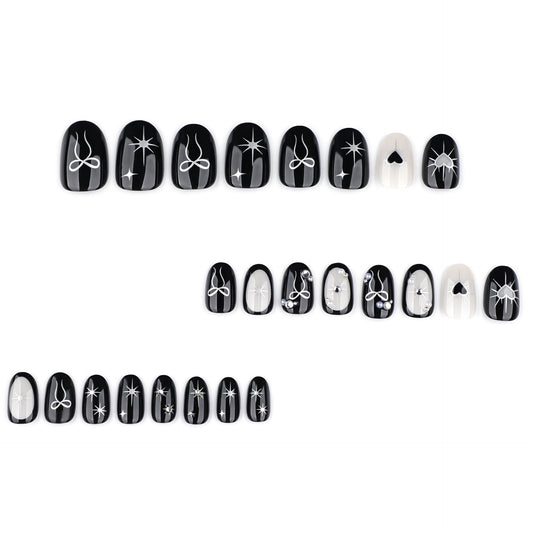 Black and White Heart Bow Nails with Pearl Accents – Image 2