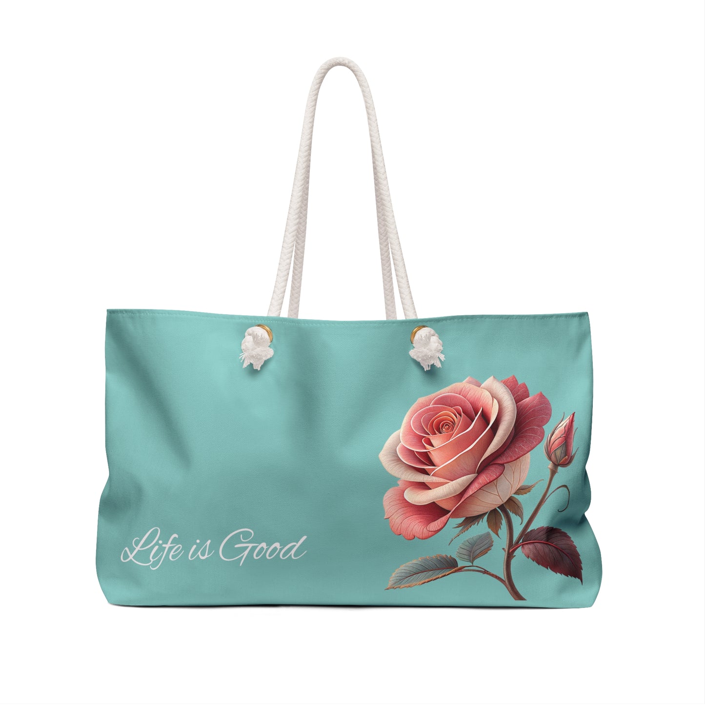 Rose Floral Weekender Bag, Stylish Travel Tote, Beach Bag, Overnight Bag, Perfect Gift for Mom, Life is Good Quote