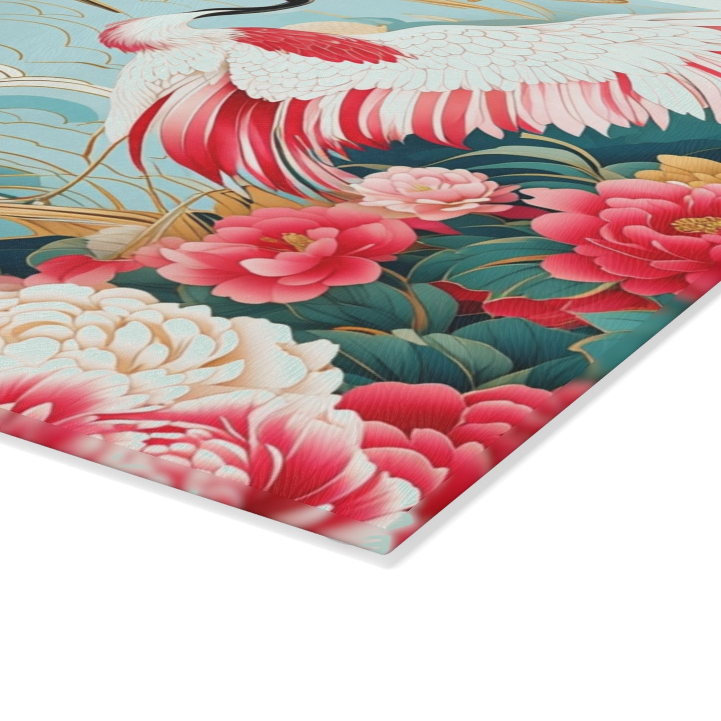 Glass Cutting Board — Elegant Cranes & Peonies Floral Kitchen Trivet