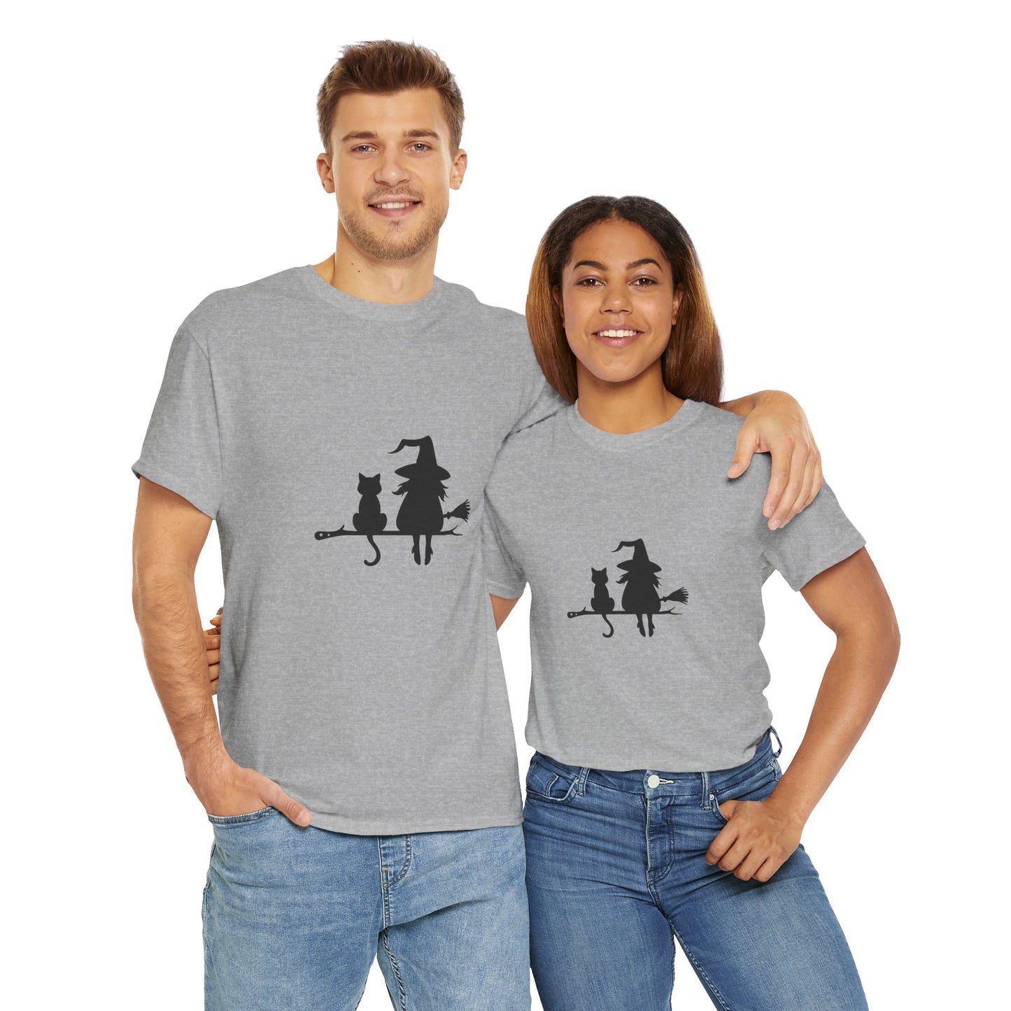 Witch and Cat Tee | Spooky Unisex Shirt for Halloween | Cute Witchwear for Cat Lovers | Fall Wardrobe Essential | Gift for Magical Friends