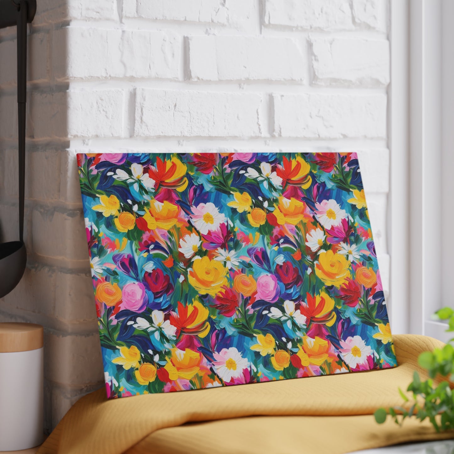 Floral Glass Cutting Board — Bright Watercolor Garden Kitchen Board