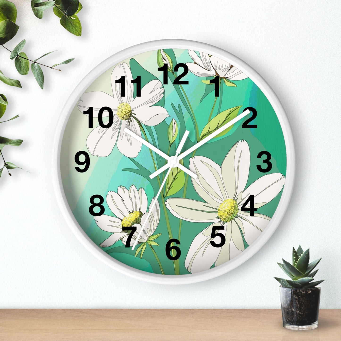 Wall Clock - Green White Floral