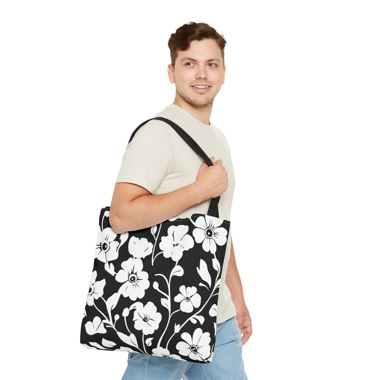 Elegant Floral Tote Bag, Black and White Tote, Eco-Friendly Shopping Bag