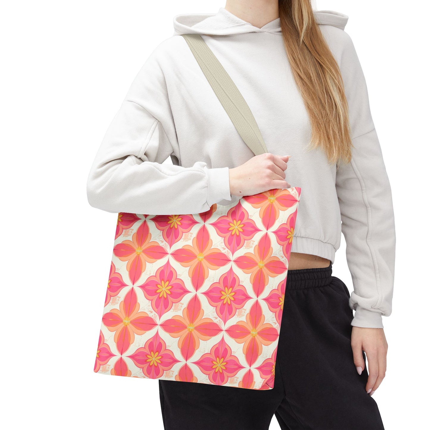 Pink Floral Geometric Tote Bag — All-Over Print Reusable Shopper