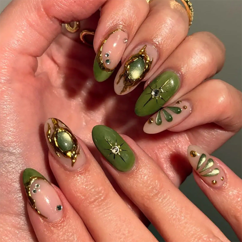 Green Gem Inspired Nails with Gold Metallic Accent Details