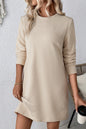 Solid Color Textured Long Sleeve Shift Dress