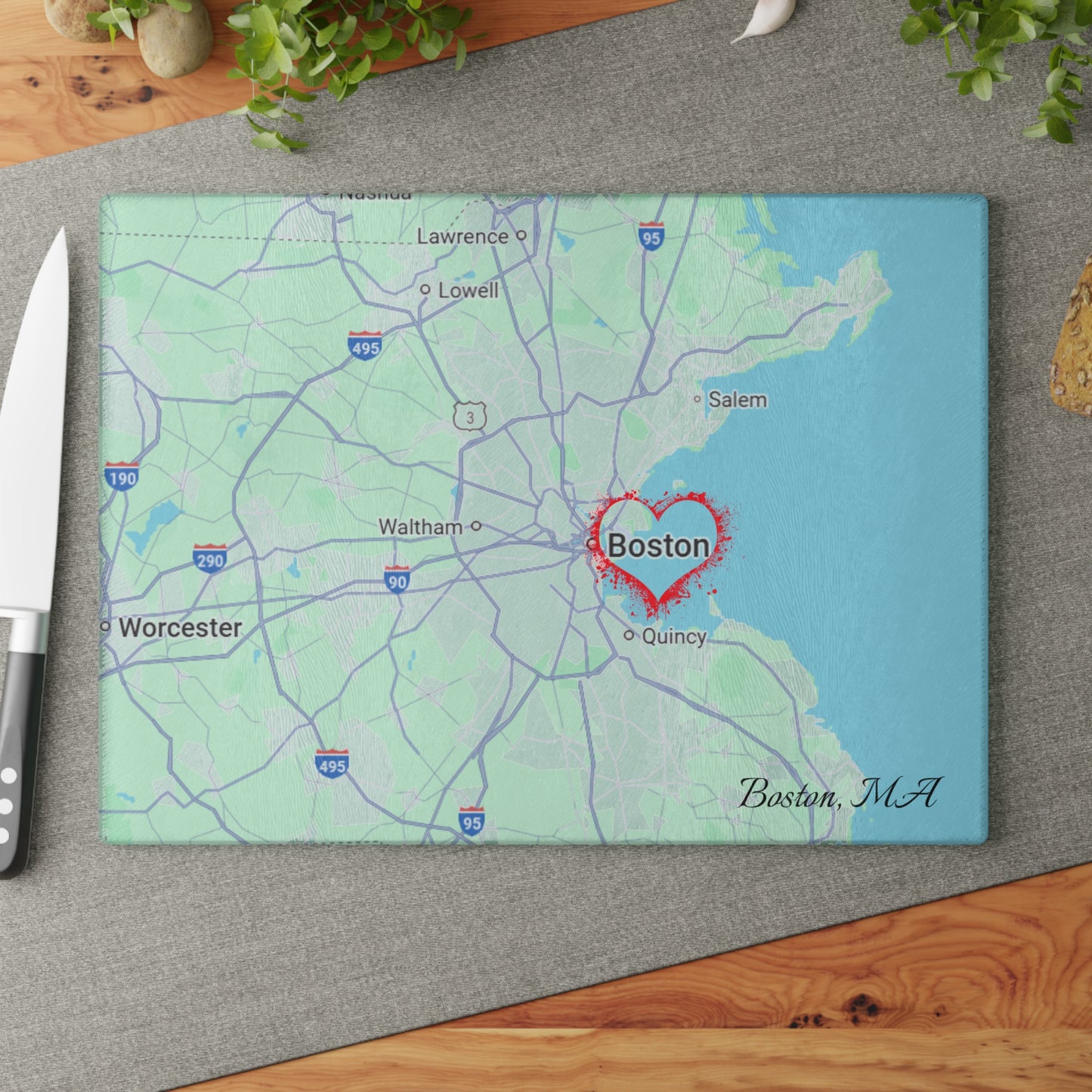 Boston Map Glass Cutting Board, Personalized Kitchen Decor, Gift for Boston Lovers, Wedding Registry, Home Cooking, Handmade Gift