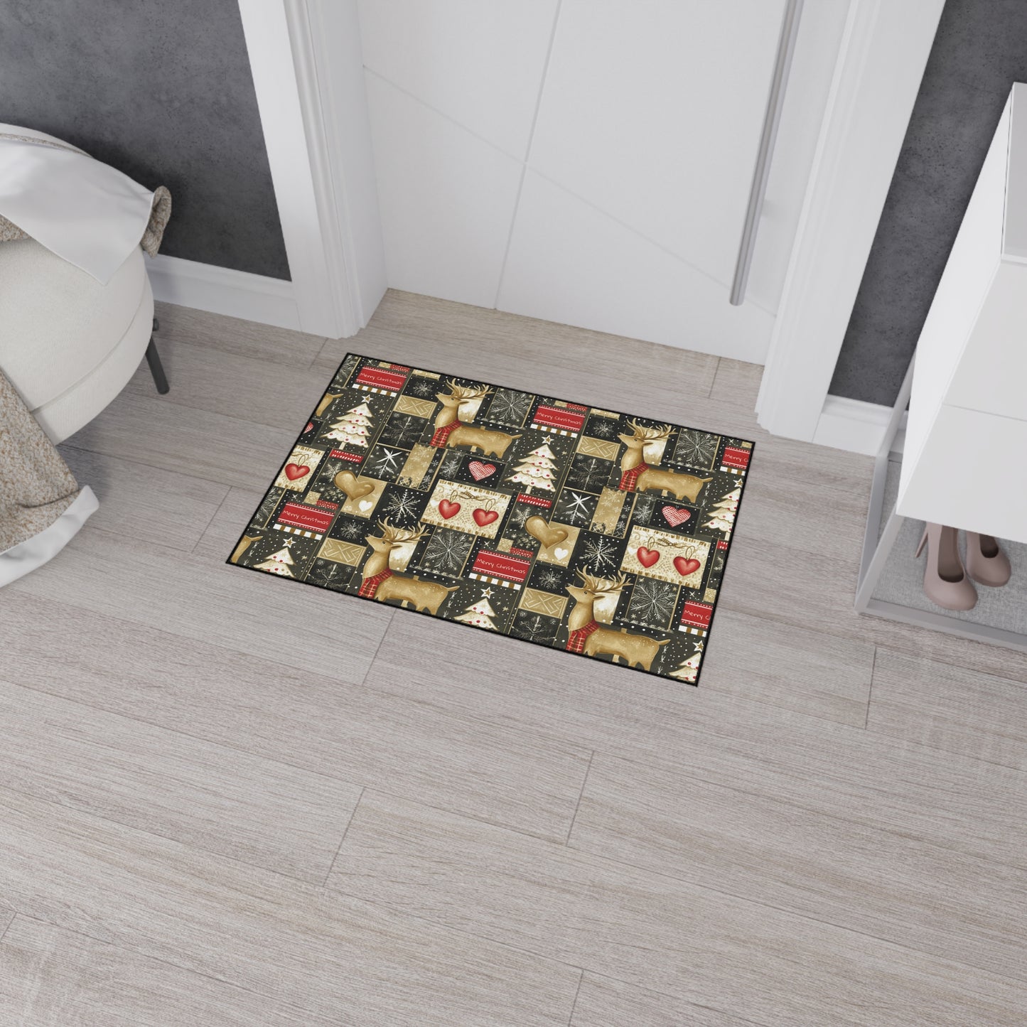 Christmas Reindeer Patchwork Floor Mat — Heavy Duty Holiday Entry Rug