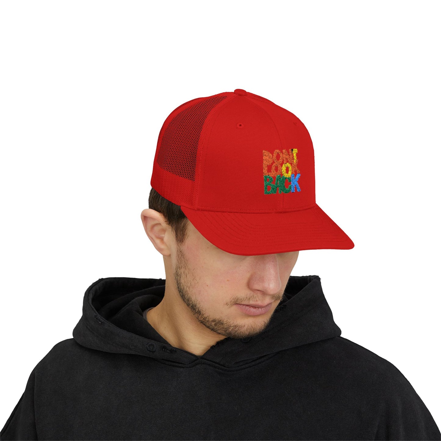 Don’t Look Back Snapback Trucker Cap — Retro Rainbow Embroidered Hat