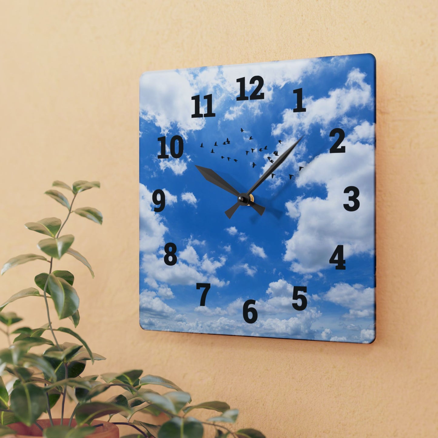 Sky Blue Acrylic Wall Clock - Modern Decor, Birds, Home Office, Unique Wall Art