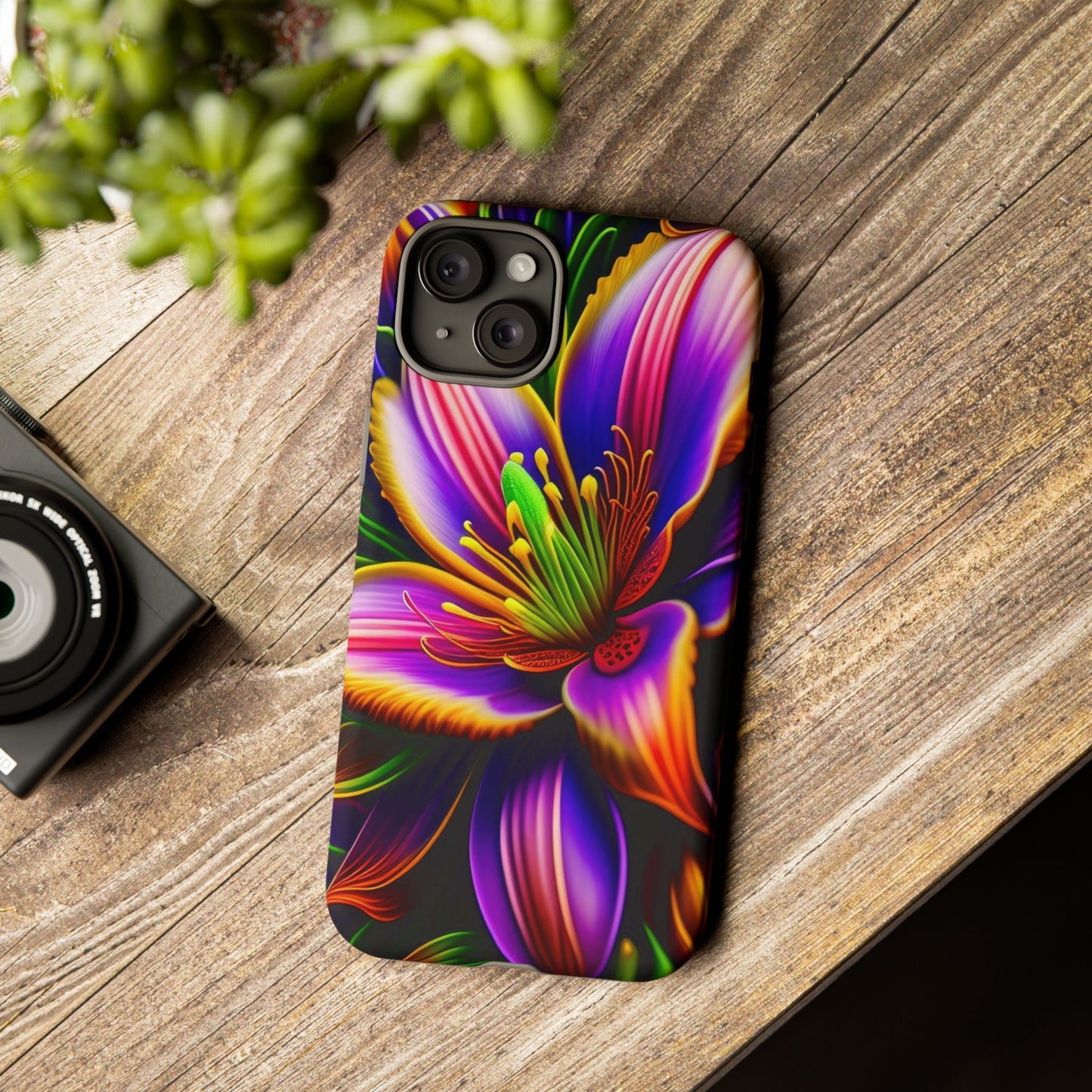Floral Neon Tough Phone Case — Vivid Purple & Orange Lily Protective Cover