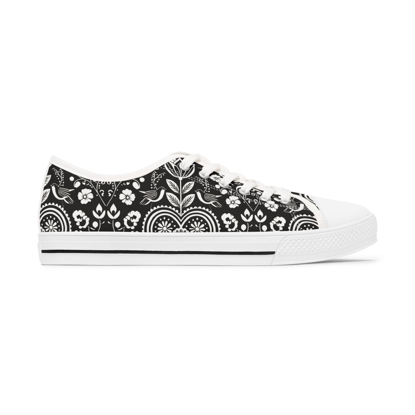 Low Top Sneakers — Black White Paisley Floral Pattern
