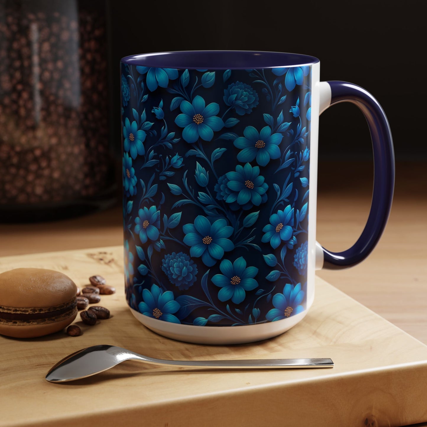 Floral Accent Coffee Mug, Blue Flower Mug, Ceramic Coffee Cup, Gift for Her, Nature-Themed Drinkware, Floral Home Decor, Unique Mug
