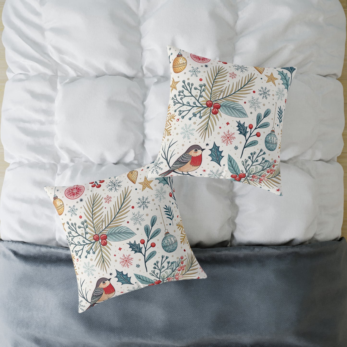 Festive Robin Holiday Pillow — Christmas Botanical Decorative Throw Pillow