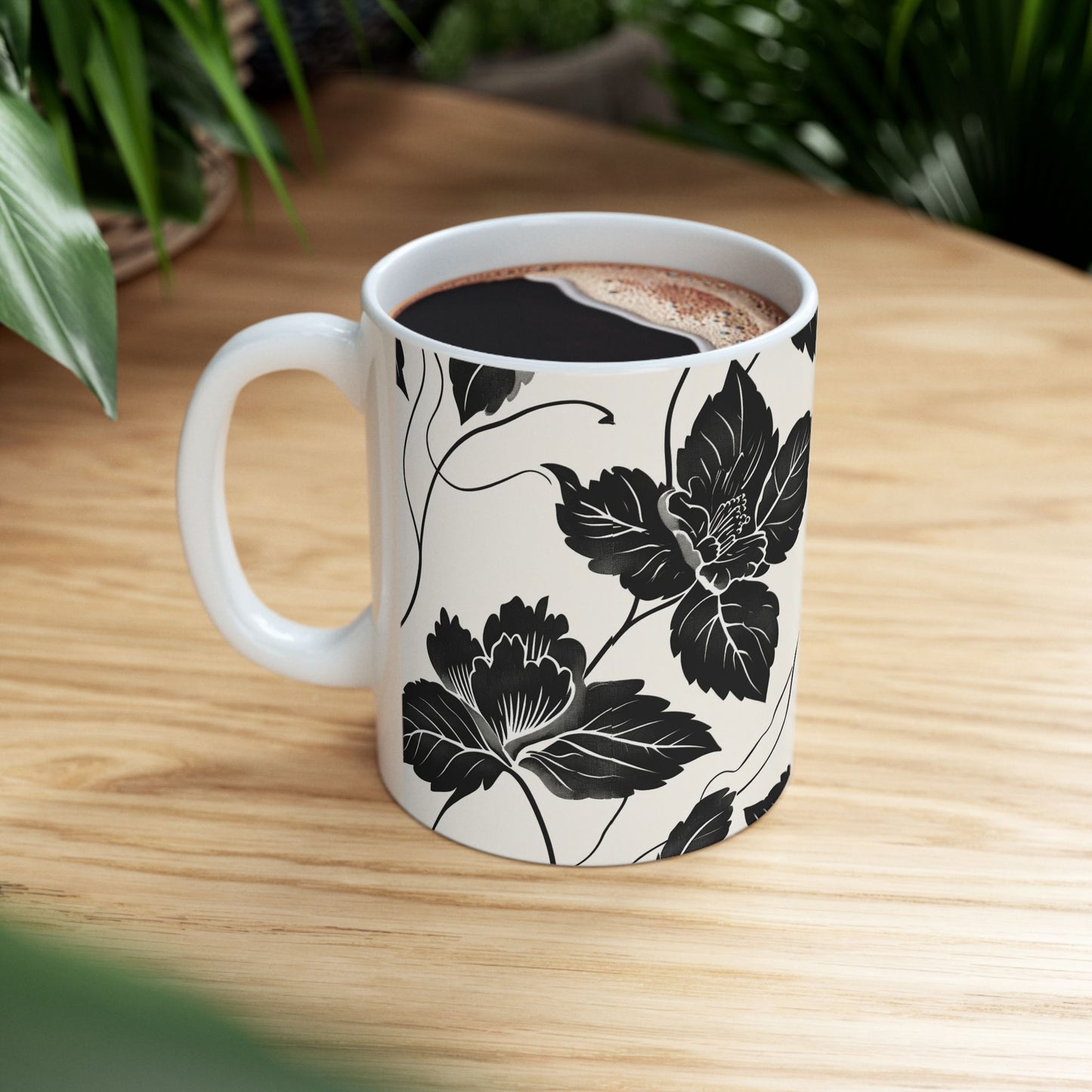Black Floral Ceramic Mug — Monochrome Vintage Flower Coffee Cup (11oz & 15oz)