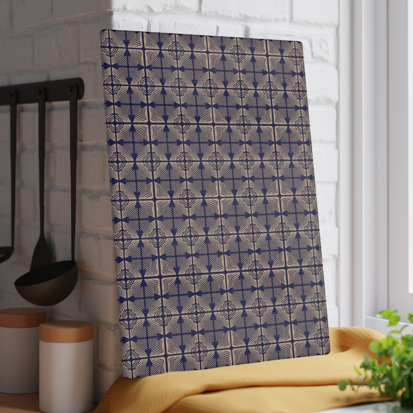 Patterned Glass Cutting Board – Vintage Blue Geometric Tile Design