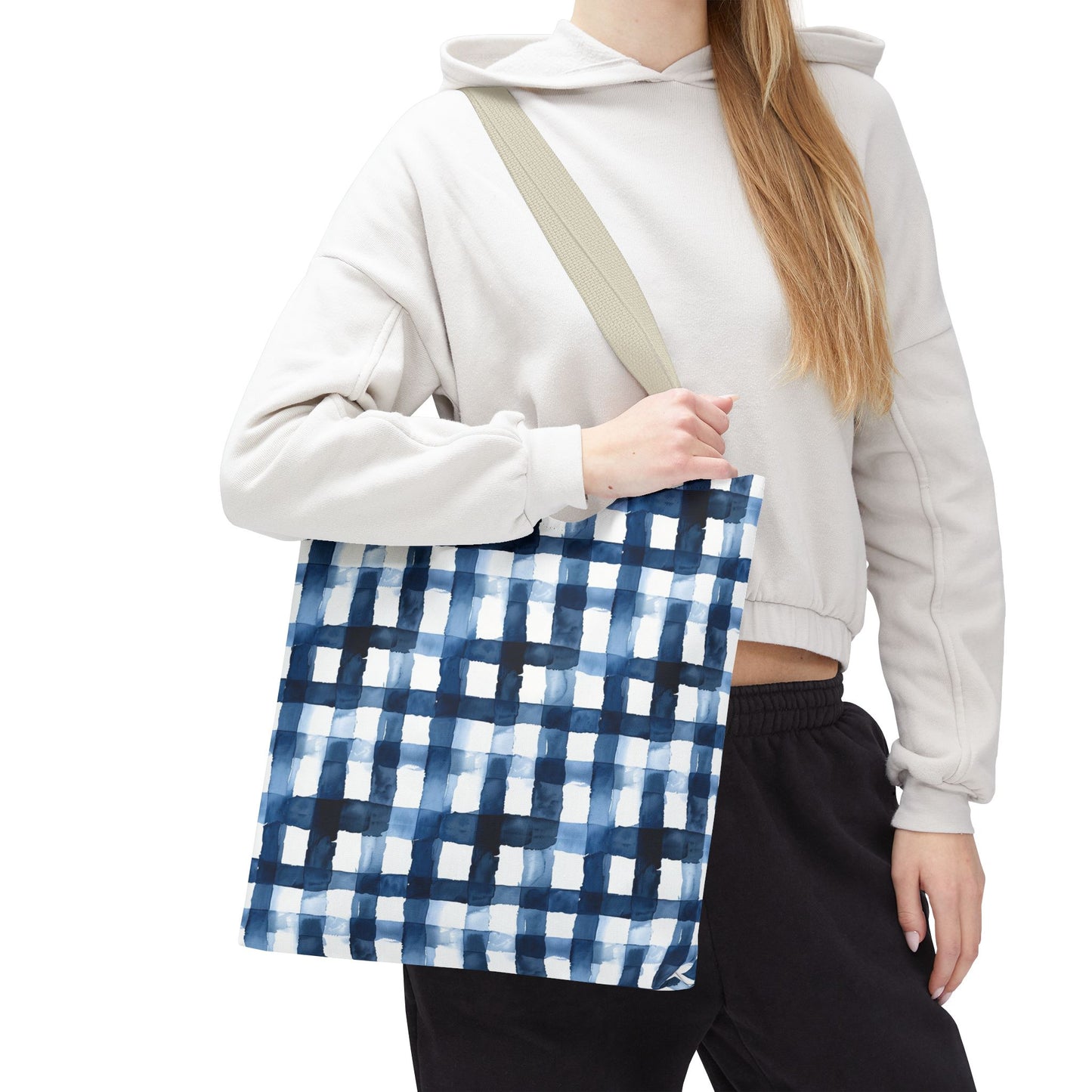 Blue Watercolor Plaid Tote Bag — Navy Check Pattern All-Over Print