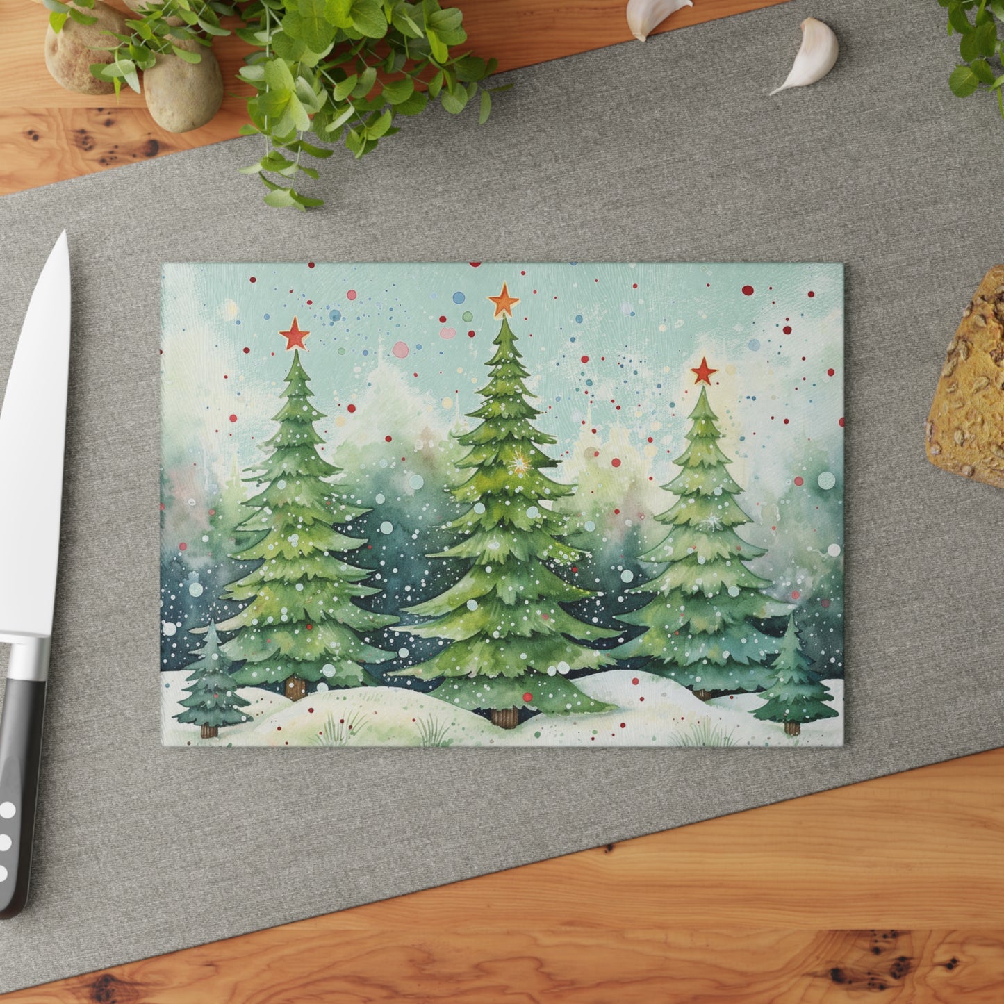 Glass Cutting Board — Watercolor Christmas Trees Holiday Kitchen Decor